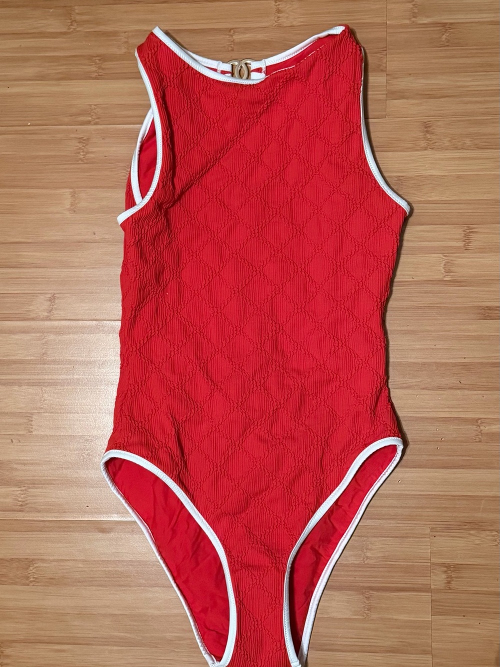 Chanel 26M Coco Beach Red Quilted One-Piece Swimsuit with White Trim & CC detail